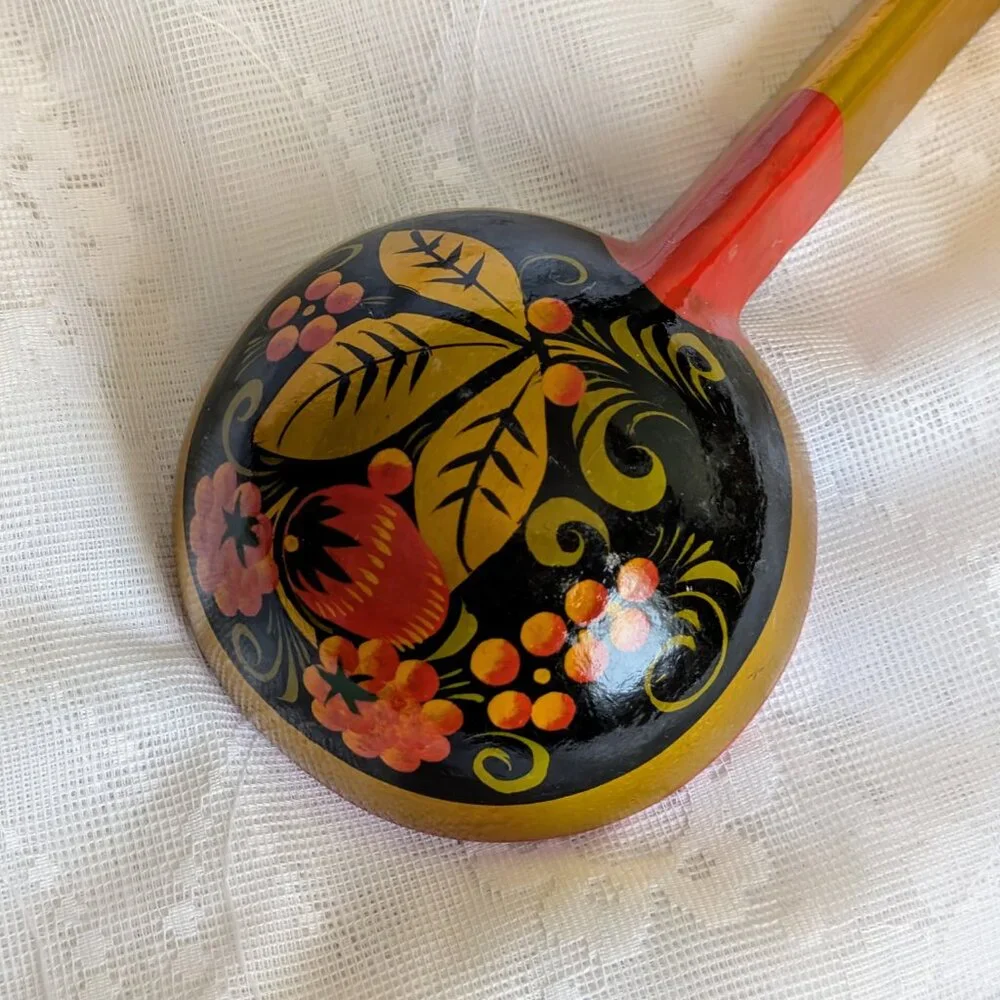 Vintage Russian Khokhloma Hand Painted Floral Large Wooden Ladle Spoon